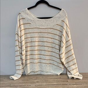 Pink Lily Off-the-Shoulder Sweater in Cream and Tan